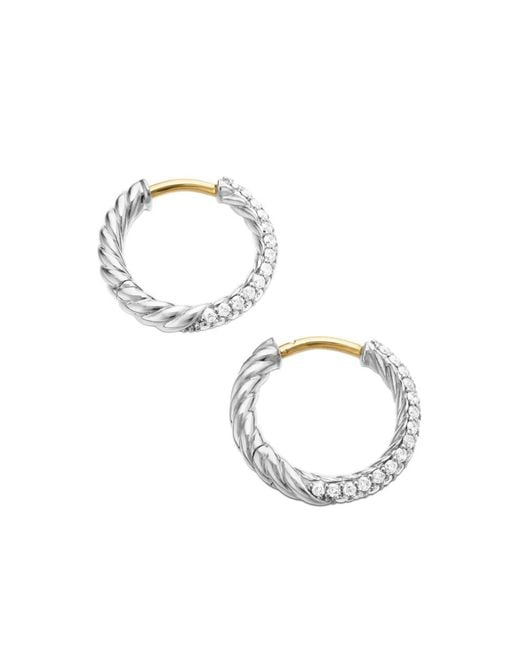 David Yurman White Sterling Petite Pavé Diamond Huggie Hoop Earrings (14Mm)