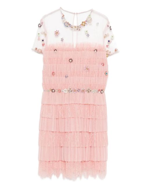 Costarellos Pink Rhinestone-Embellished Tiered Dress