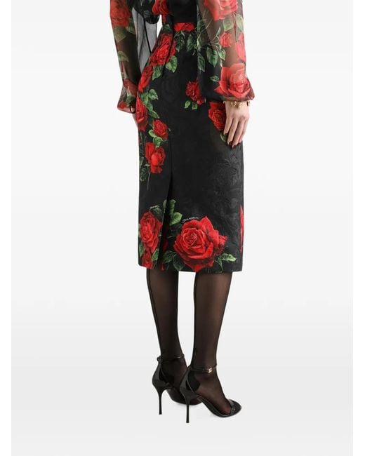 Dolce & Gabbana Red Rose-Print Brocade Skirt