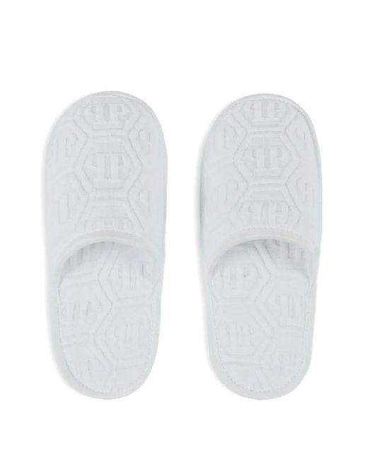 Philipp Plein White Flat Slippers Hexagon