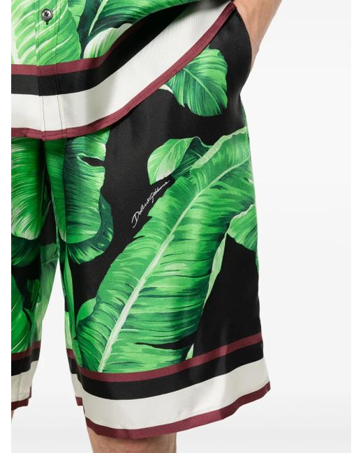 Dolce & Gabbana Green Leaves-Print Silk Shorts for men