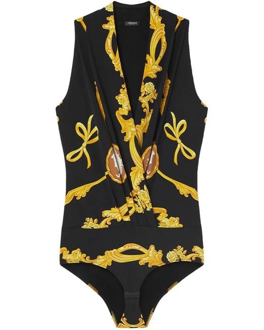 Versace Black Cameo Silk Draped Bodysuit