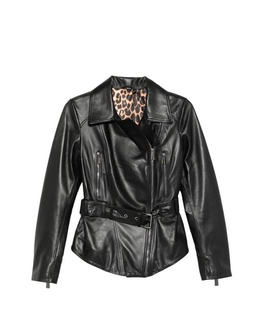 ADRIANNA FERETTI Black Belted Leather Biker Jacket