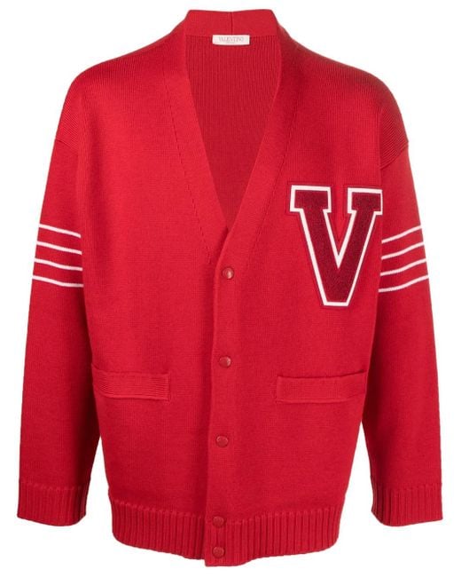 Valentino Garavani Red Vlogo-Patch Wool Cardigan for men