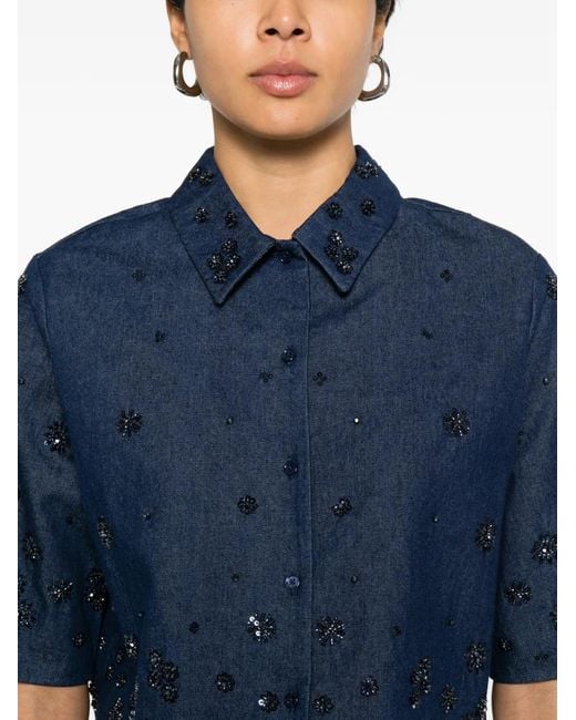 Maje Blue Embroidered Cropped Denim Shirt