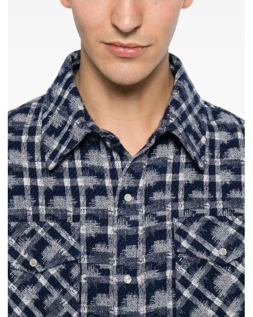 God's True Cashmere Blue Shibori Plaid Cashmere Shirt for men