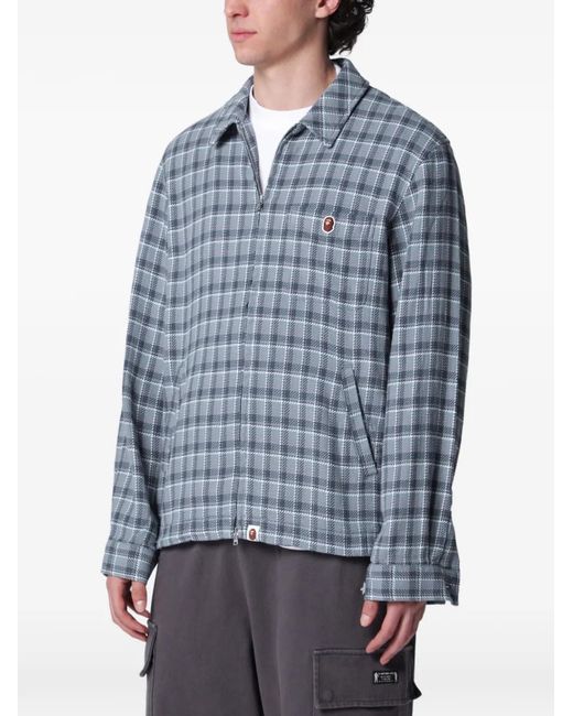 A Bathing Ape Blue Check Zip-Up Shirt for men