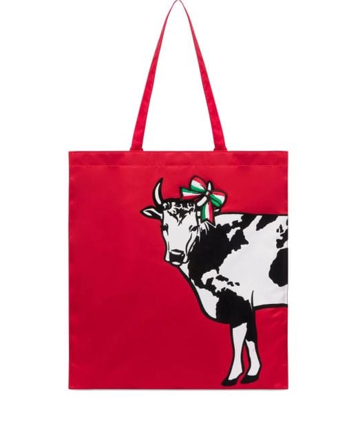 Moschino Red Cow-Motif Tote Bag