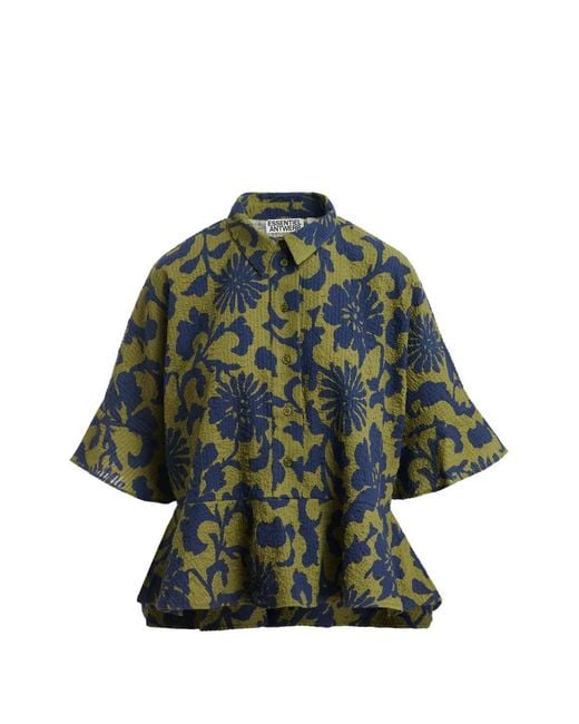 Essentiel Antwerp Green Floral-Print Peplum-Hem Polo Top