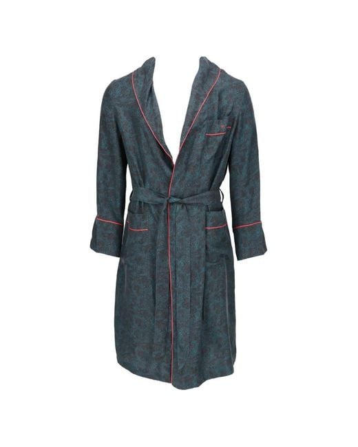 Isaia Blue Paisley-Print Piped-Trim Robe for men
