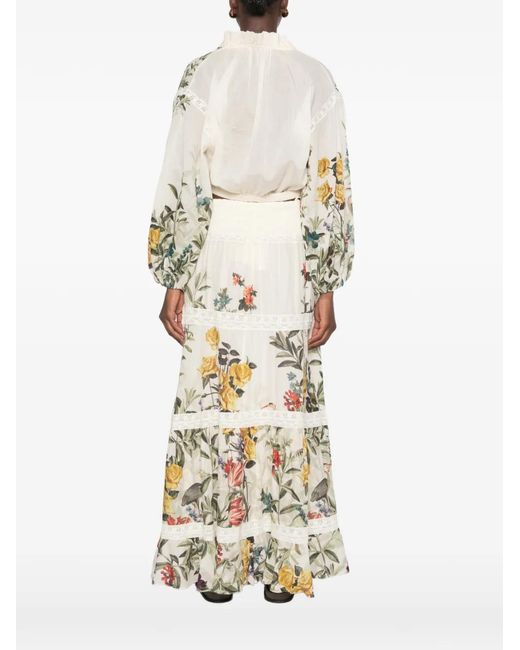 Alice + Olivia Natural Floral-Print Lace-Trimmed Top
