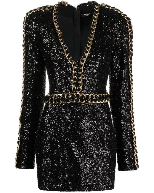 Balmain Black Chain-Trim Sequin Dress