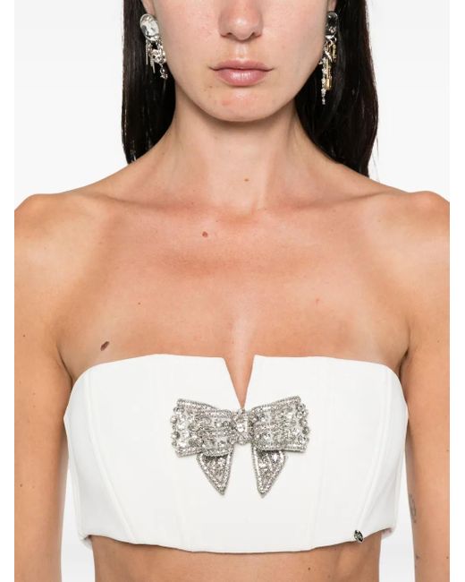Nissa White Bow-Embellished Crop Top
