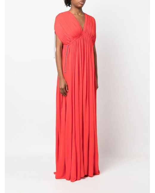 Lanvin Red V-Neck Pleated Gown