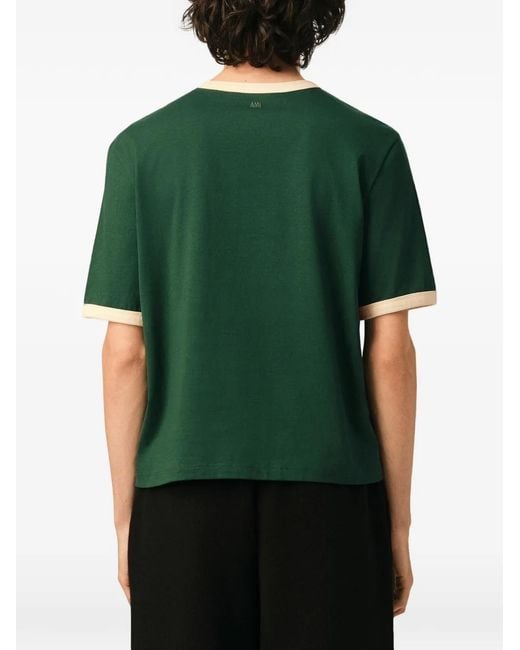 AMI Green Cropped T-Shirt With Cream Ribbed Trims And Embroidered Logo for men