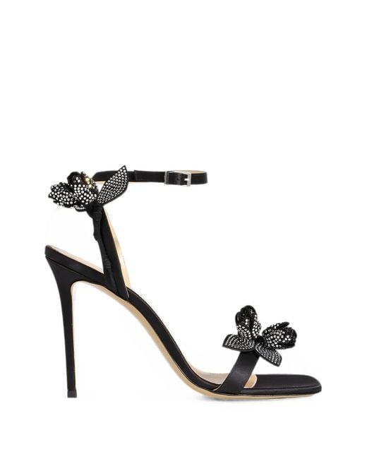 Mach & Mach Black Wonder Tulip Floral-Appliqué Sandals