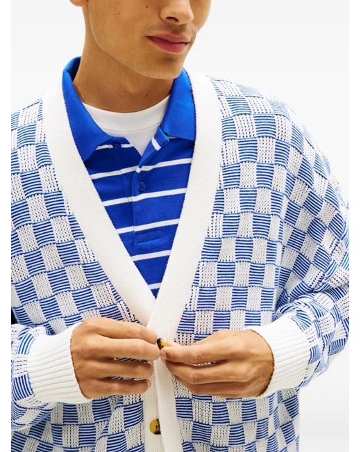 Tommy Hilfiger Blue Tommy Badge Checkerboard-Knit Cotton Cardigan for men