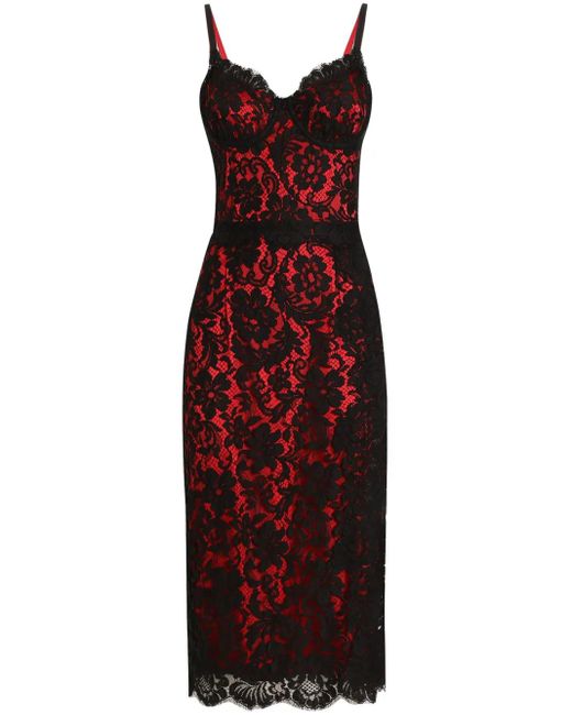 Dolce & Gabbana Red Floral-Lace Midi Dress