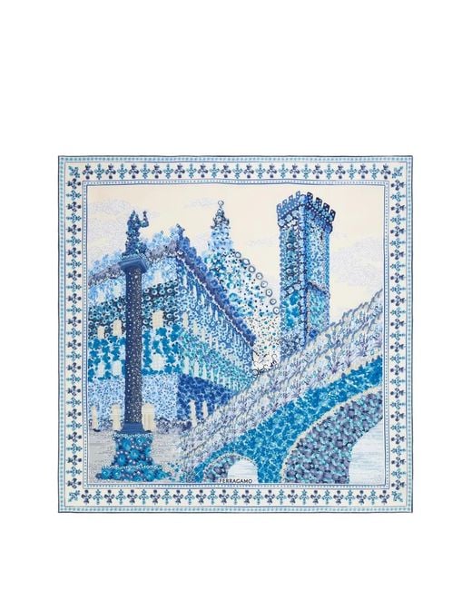 Ferragamo Blue Palazzo Spini Feroni Print Silk Foulard