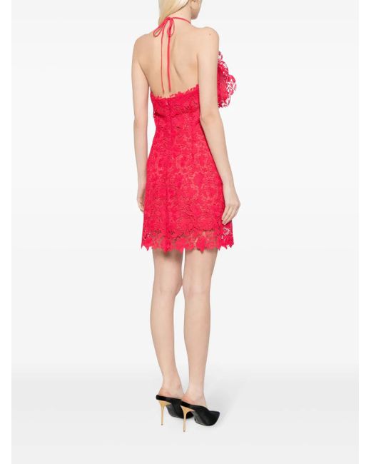 Oscar de la Renta Red Floral-Appliqué Lace Minidress