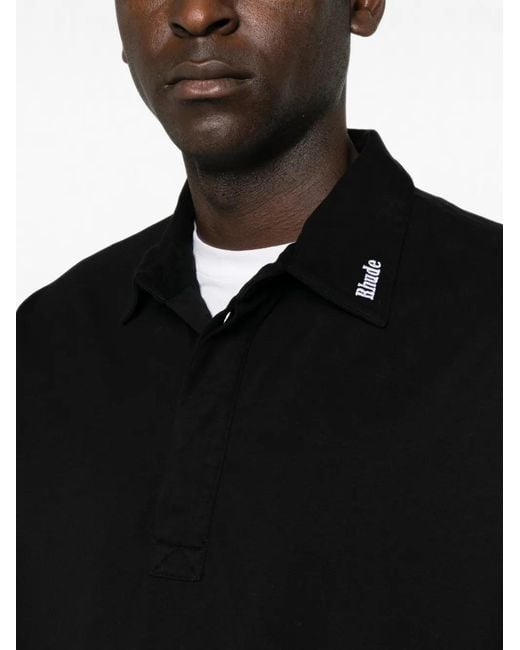 Rhude Black Logo-Embroidered Long-Sleeve Polo Shirt for men
