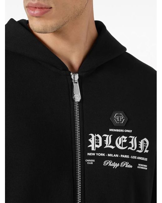 Philipp Plein Black Logo-Print Zipped Hoodie for men