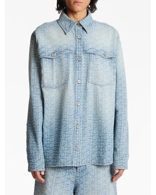 Balmain Blue Jacquard Monogram Denim Shirt for men