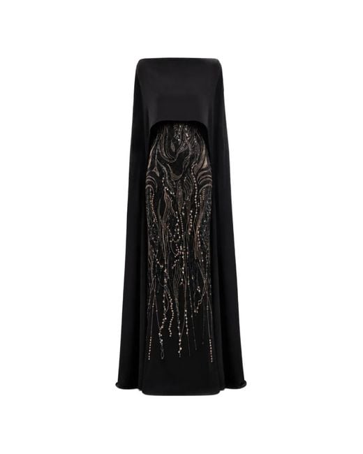 Gemy Maalouf Black Beaded-Embellished Cape Maxi Dress