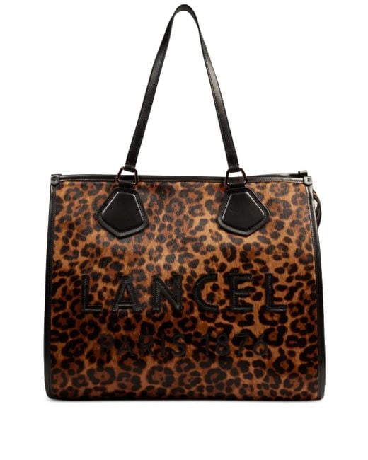 Lancel Brown Leopard-Print Leather Tote Bag