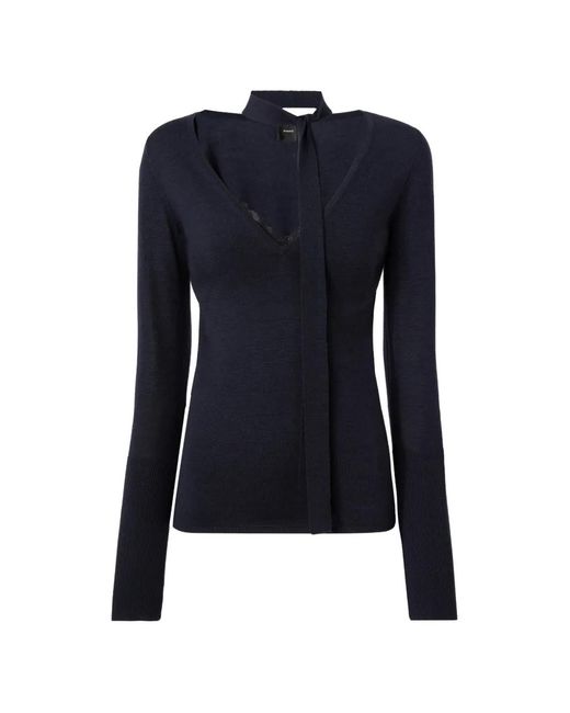 Pinko Blue Lace-Trim Tie-Neck Sweater