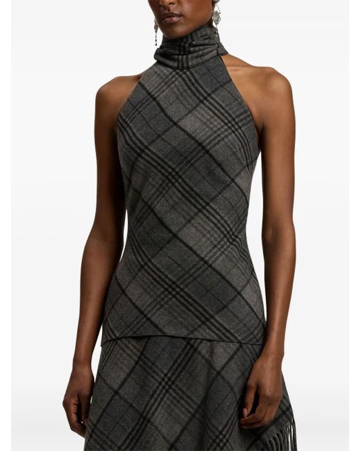 Ralph Lauren Black Plaid Mock-Neck Halter Top