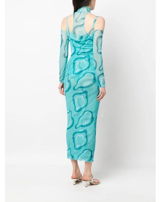 Julfer Blue Graphic-Print Semi-Sheer Layered Dress