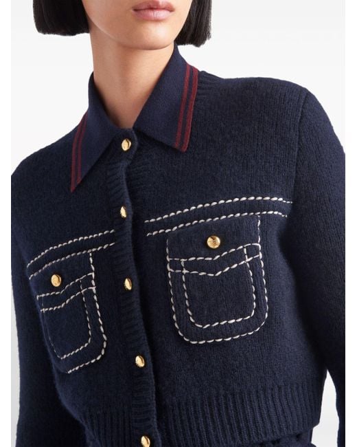 Prada Blue Contrast-stitching Cropped Cashmere Cardigan