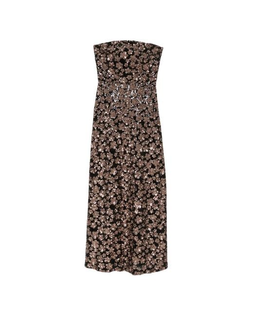 Max Mara Natural Msebaffo Tulle Long Bustier Dress With Bronze Sequin-Embroidered Floral Patter