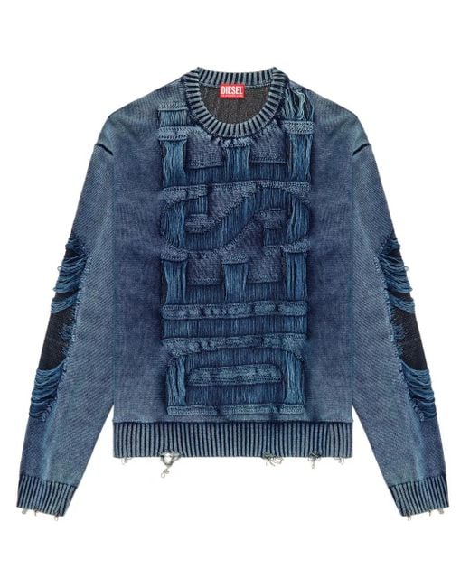 DIESEL Blue Destroyed Jumper With Floating Yarn Logo for men