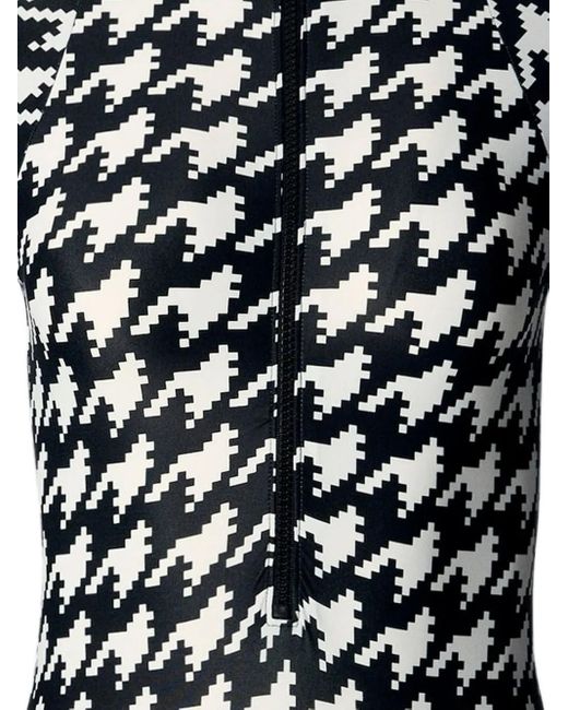 Perfect Moment Black Houndstooth Long-Sleeve Half-Zip Swimsuit