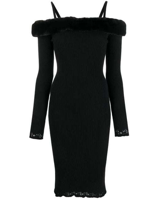 Blumarine Black Faux Fur Neck Midi Dress