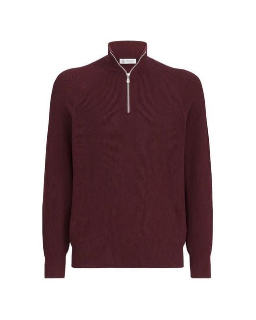 Brunello Cucinelli Purple Cotton English Rib Sweater With Half-Zip And Raglan Sleeves for men