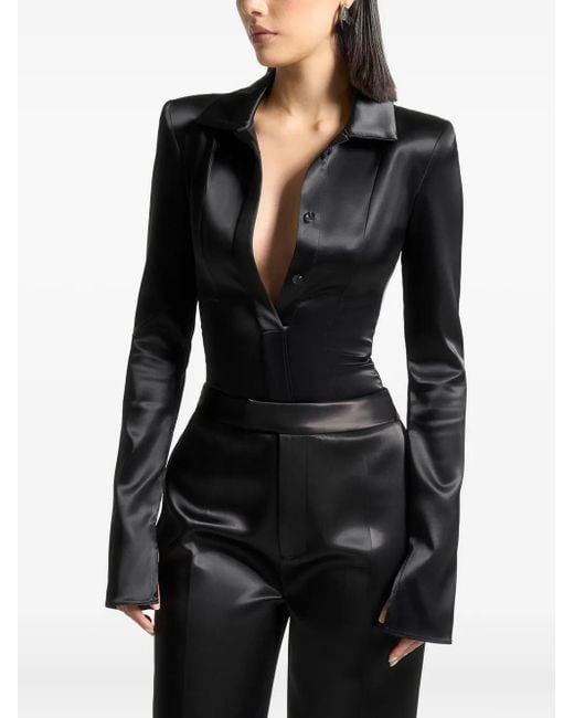 Manière De Voir Black Louise Wide-Shoulder Satin Shirt Bodysuit