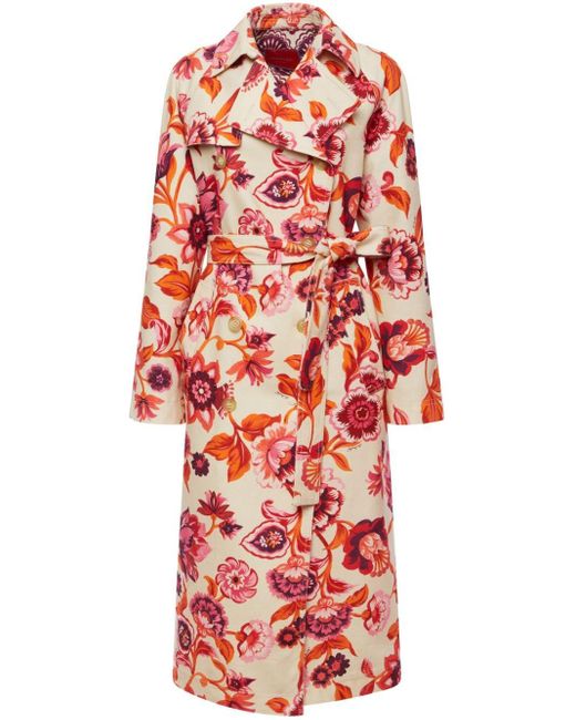 LaDoubleJ Red Floral-print Cotton Trench Coat