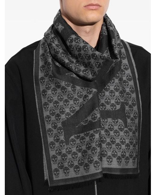 McQueen Black Skull-Print Wool Scarf for men