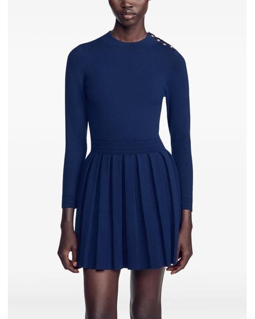 Sandro Blue Button-Detail Pleated Knitted Dress