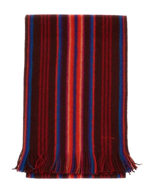 メンズ Paul Smith シグネチャーストライプ フリンジ スカーフ Red