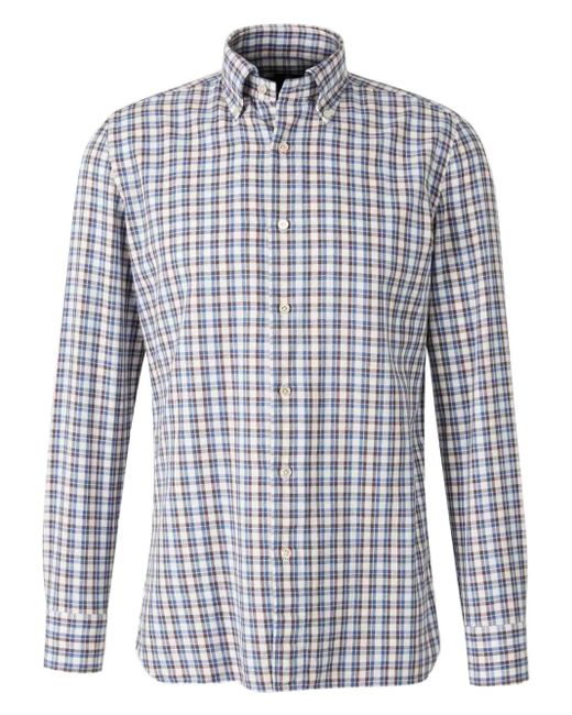 Luigi Borrelli Napoli Blue Checked Long-Sleeved Shirt for men