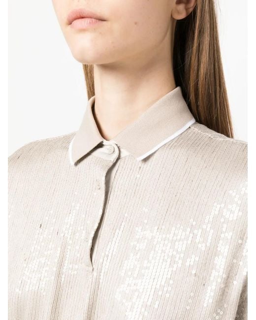 Brunello Cucinelli White Sequin Embellishment Polo T-Shirt