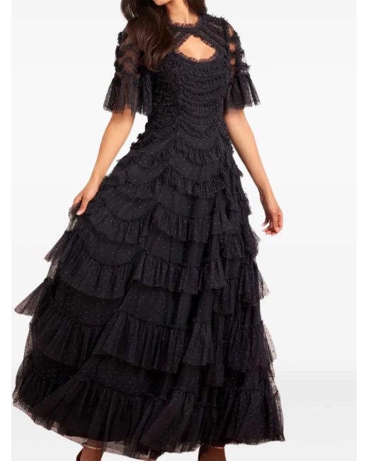 Needle & Thread Black Aviana Ruffled Short-Sleeves Maxi Dress