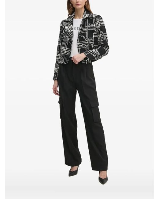 Guess Black Houndstooth-Pattern Biker Jacket