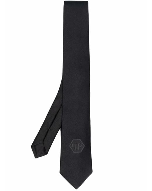 Philipp Plein Black Hexagon Logo-Patch Silk Tie for men