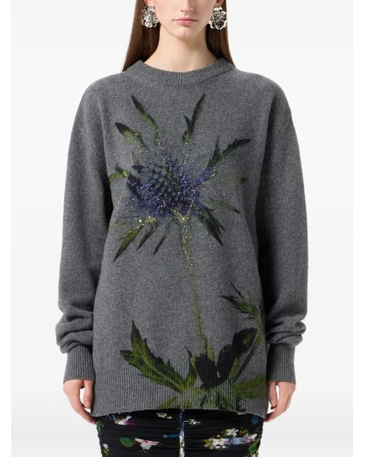 Blumarine Gray Floral-Beaded Sweater