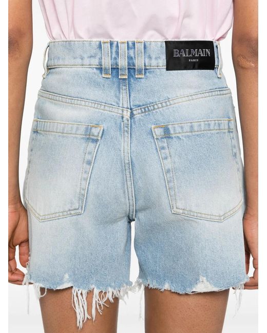 Balmain Blue Ripped Denim Shorts